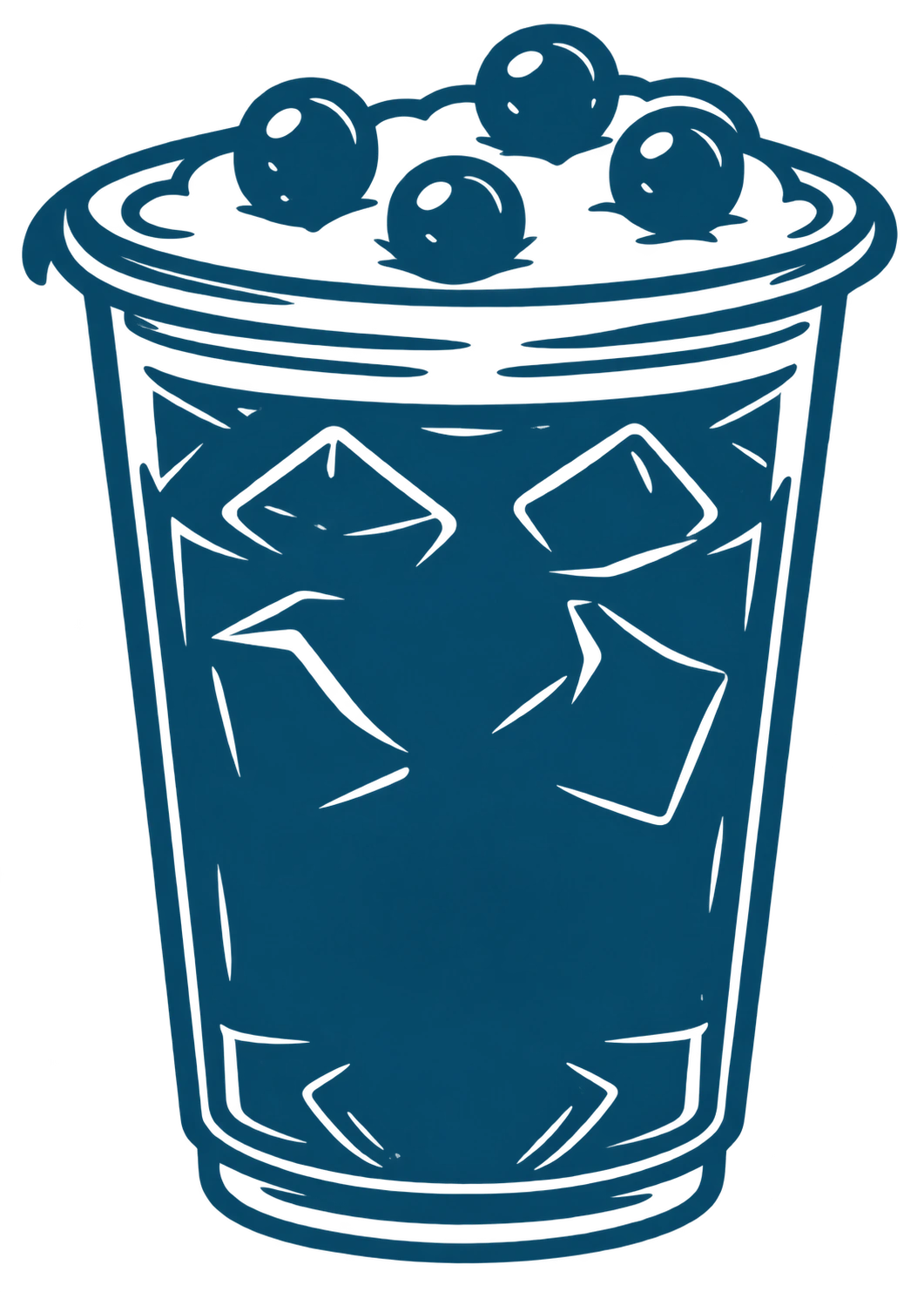 Full Black Caf drink topped with cream and cereal puffs, with ice visible through the cup