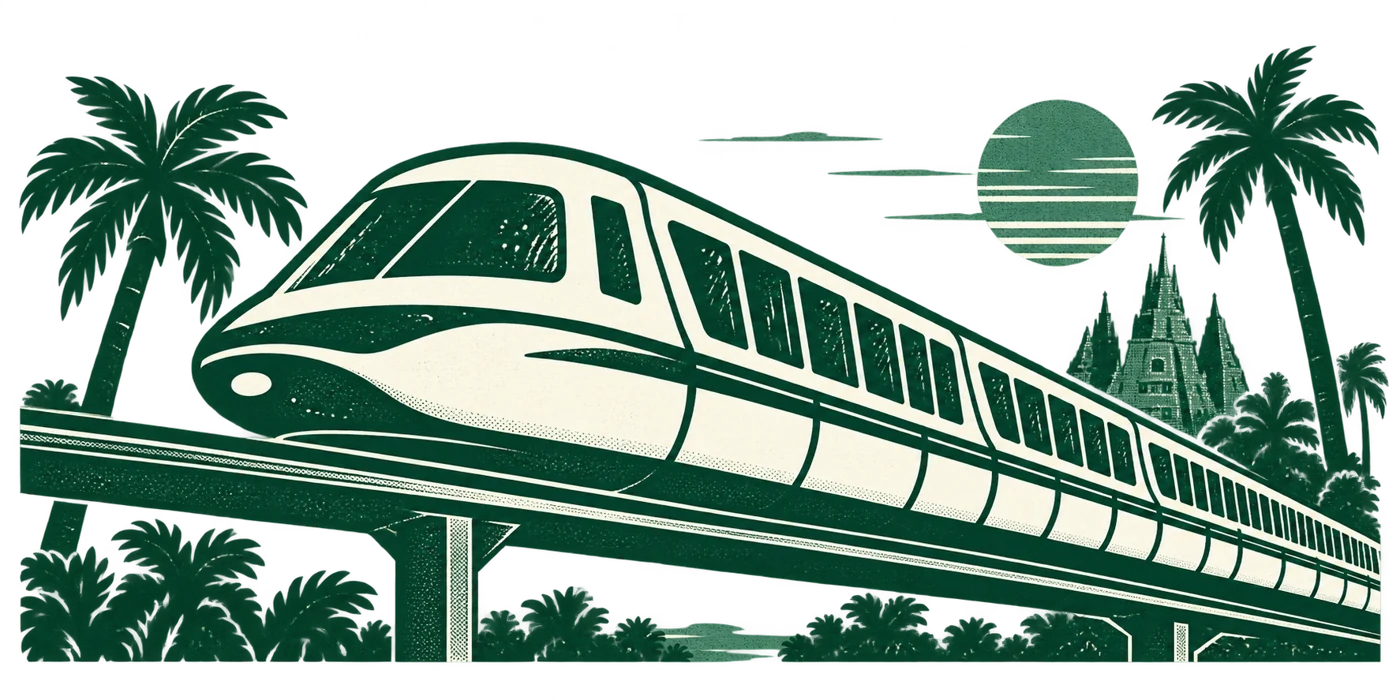 A vintage monorail gliding past tropical palms and a distant castle.