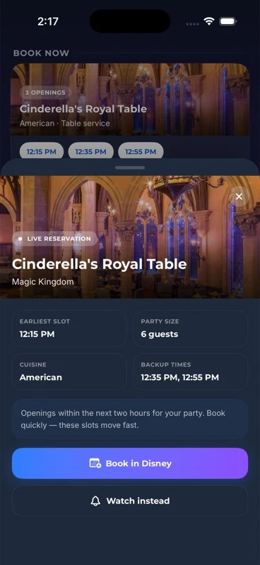 Dining Scout matching opening with available times and a Disney booking handoff