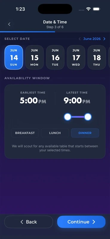 Dining Scout date and meal-window selection