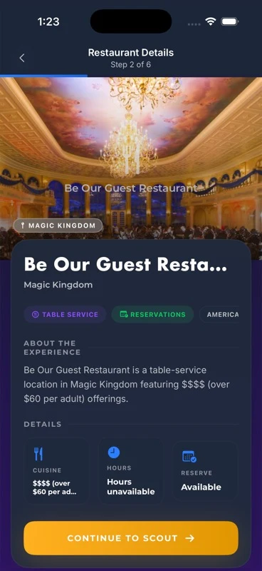 Dining Scout restaurant details for a selected restaurant