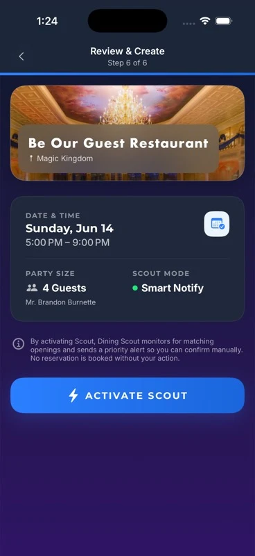 Dining Scout review screen with date, party size, and notify mode
