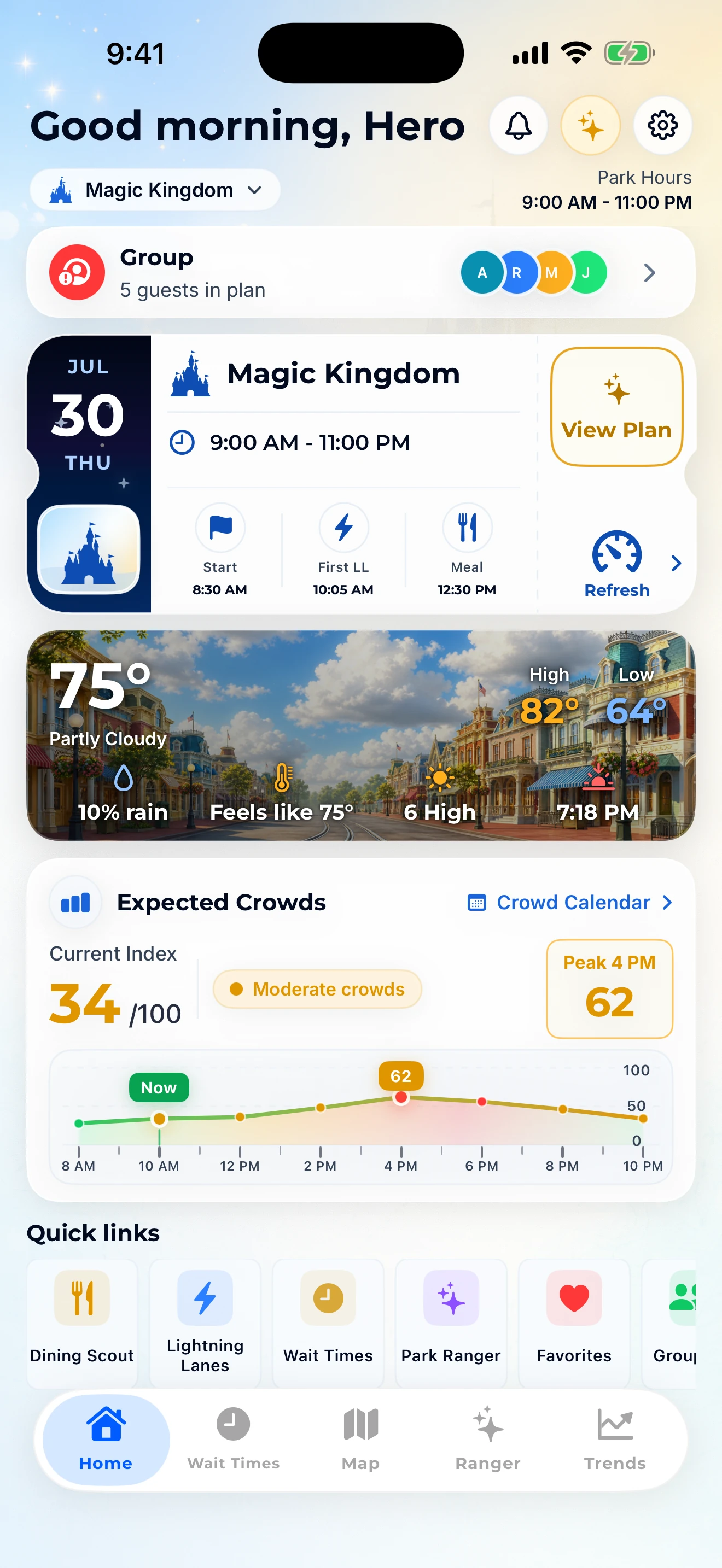 Base Camp showing an active Magic Kingdom trip, weather, and crowd context