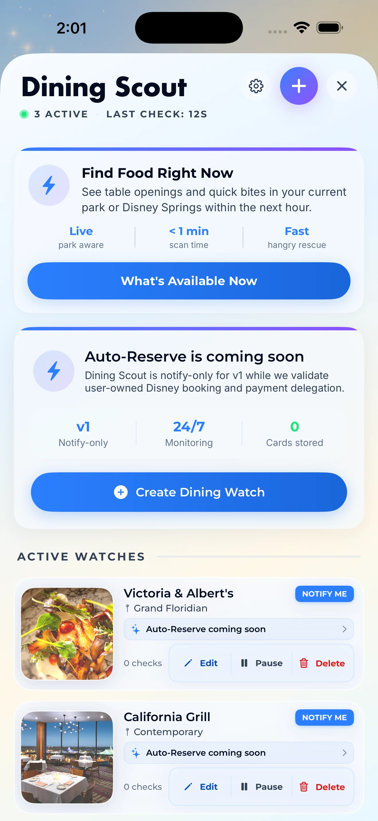 Dining Scout showing current dining watches