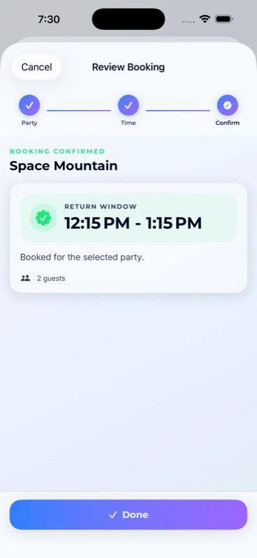 Lightning Lane booking confirmed for the selected party