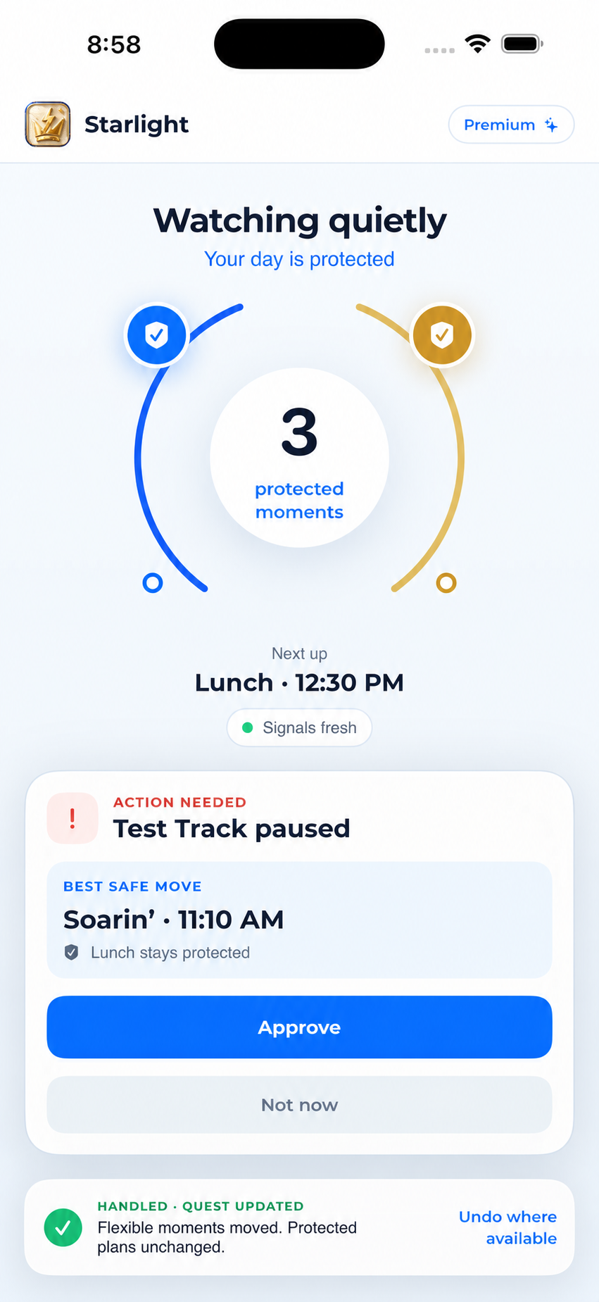 Illustrative Starlight example at EPCOT: Test Track pauses and Soarin’ is suggested before lunch.